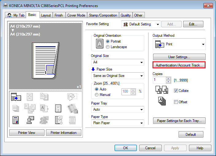 printer preferences window